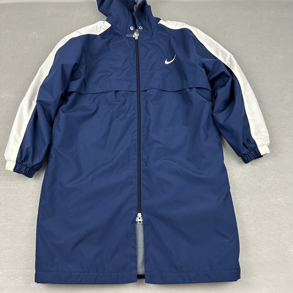 Vintage Nike Sportswear Trench Coat Men Small Blue Zip Pockets Long Hood S Y2K